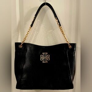 Tory Burch EUC Black Leather Tote Bag with Gold Accents